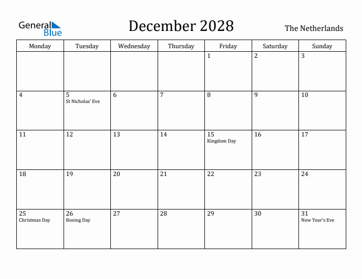 December 2028 Calendar The Netherlands