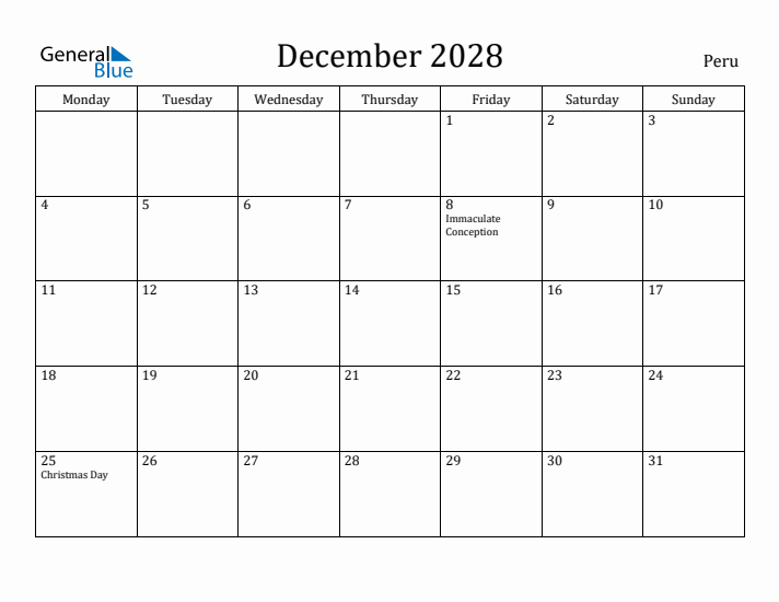 December 2028 Calendar Peru