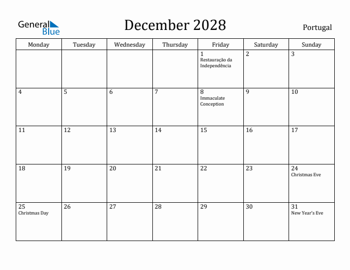 December 2028 Calendar Portugal