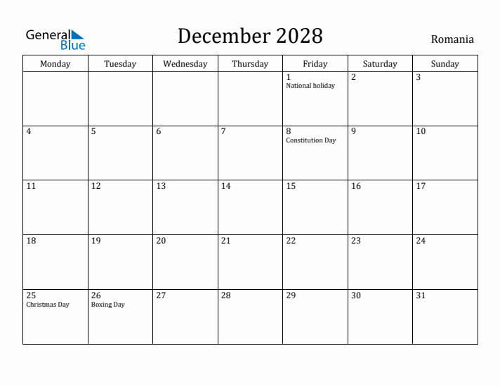 December 2028 Calendar Romania