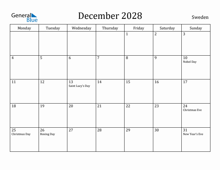 December 2028 Calendar Sweden