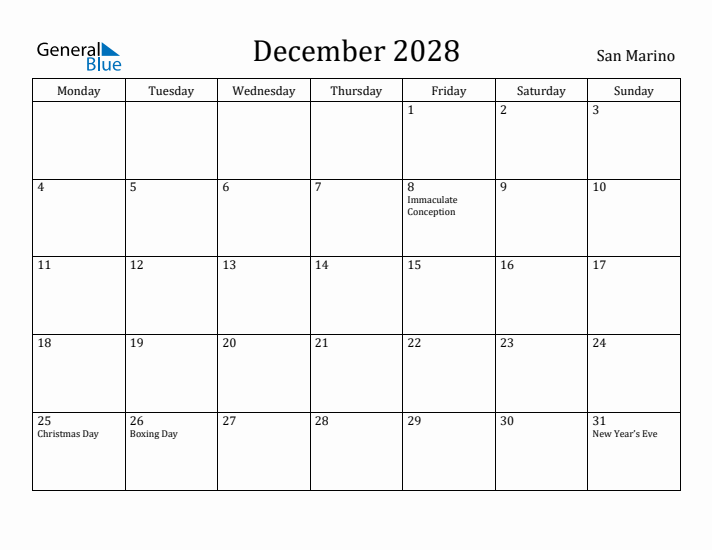 December 2028 Calendar San Marino