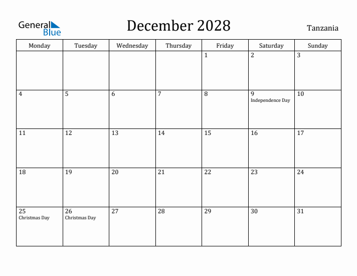 December 2028 Calendar Tanzania