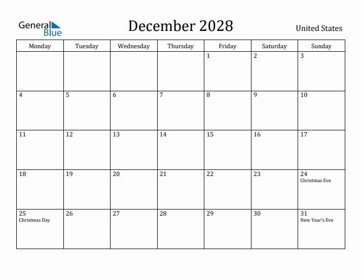 December 2028 Calendar United States