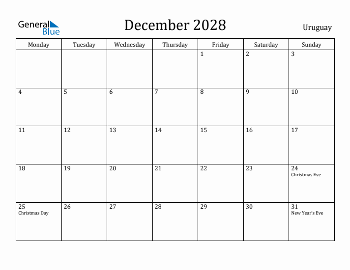 December 2028 Calendar Uruguay