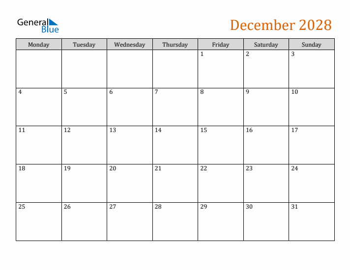 Editable December 2028 Calendar