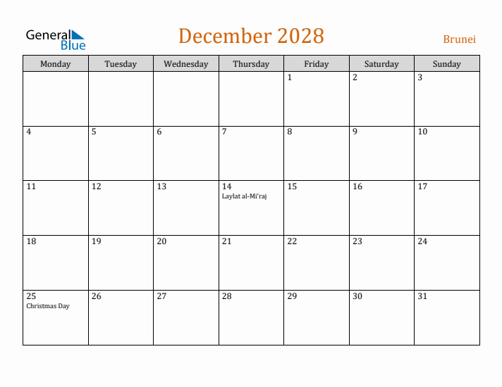 December 2028 Holiday Calendar with Monday Start