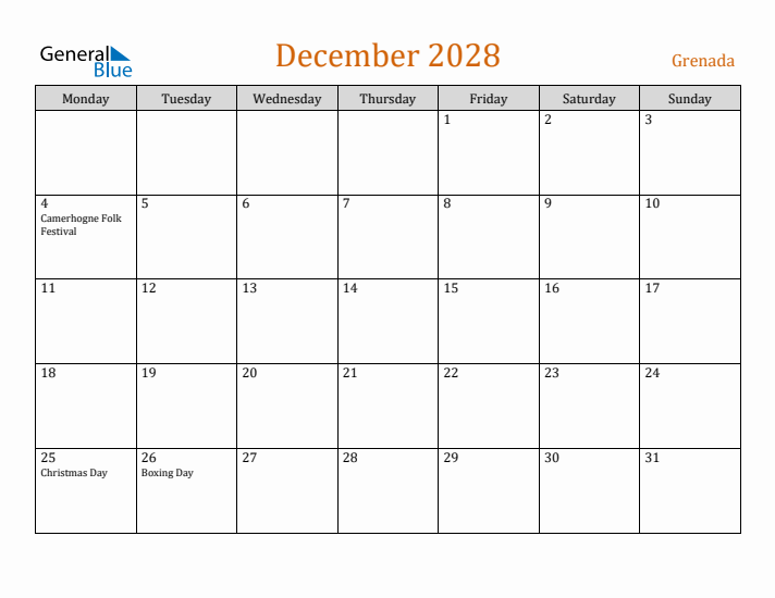 December 2028 Holiday Calendar with Monday Start