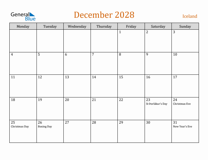 December 2028 Holiday Calendar with Monday Start
