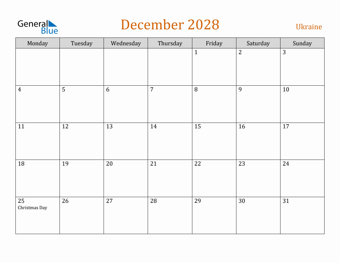 Free December 2028 Ukraine Calendar