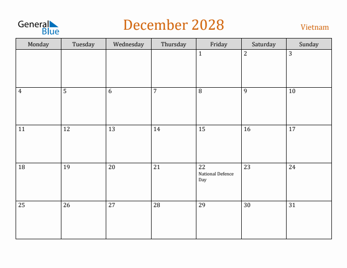 December 2028 Holiday Calendar with Monday Start