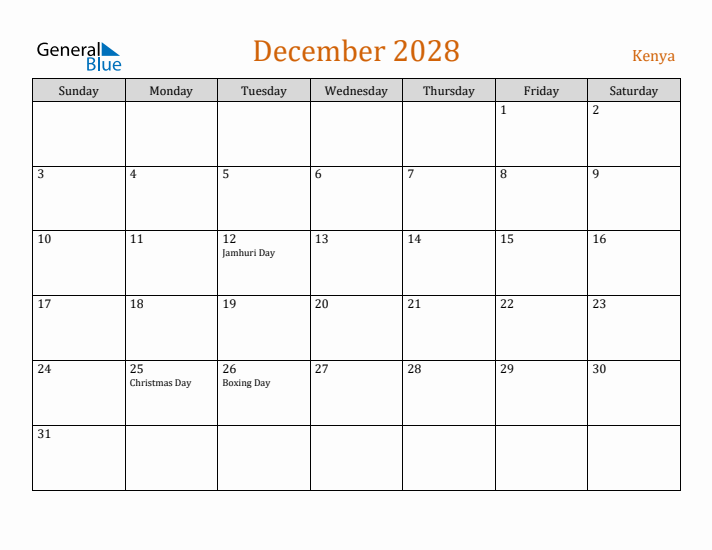 December 2028 Holiday Calendar with Sunday Start