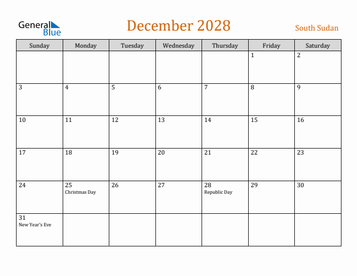 December 2028 Holiday Calendar with Sunday Start