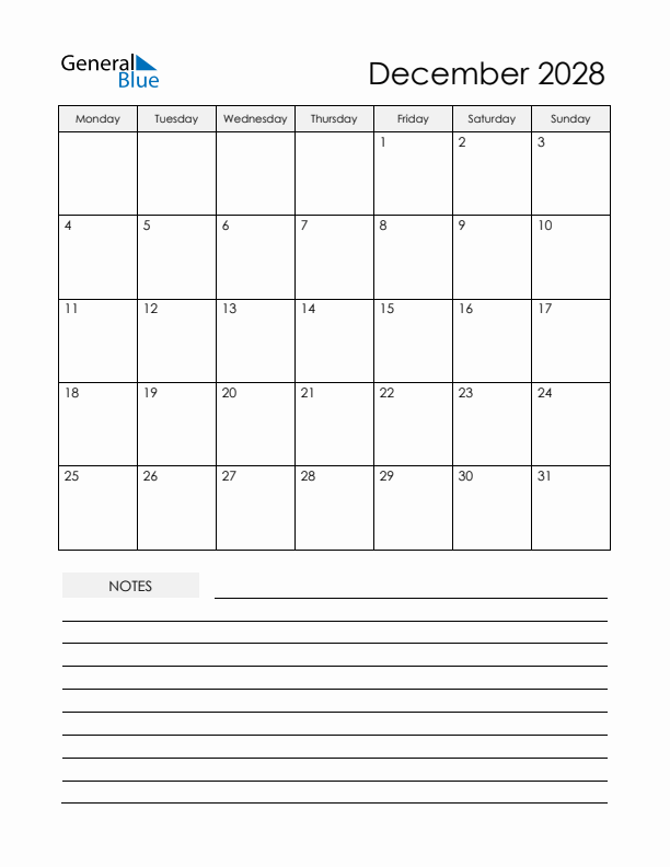 Printable Calendar with Notes - December 2028 
