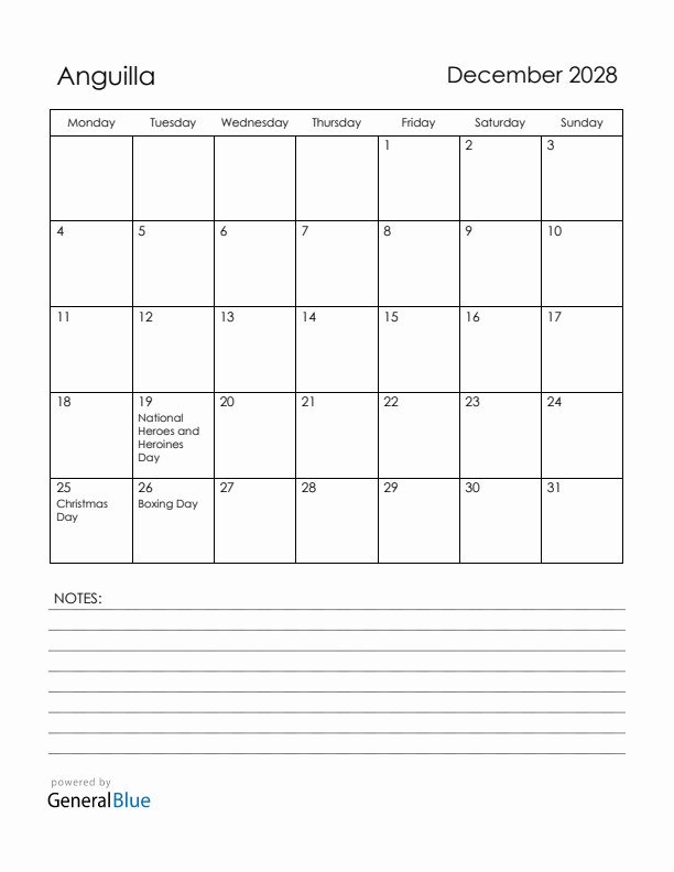 December 2028 Anguilla Calendar with Holidays (Monday Start)