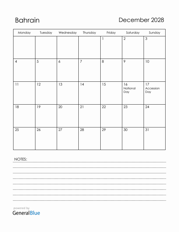 December 2028 Bahrain Calendar with Holidays (Monday Start)