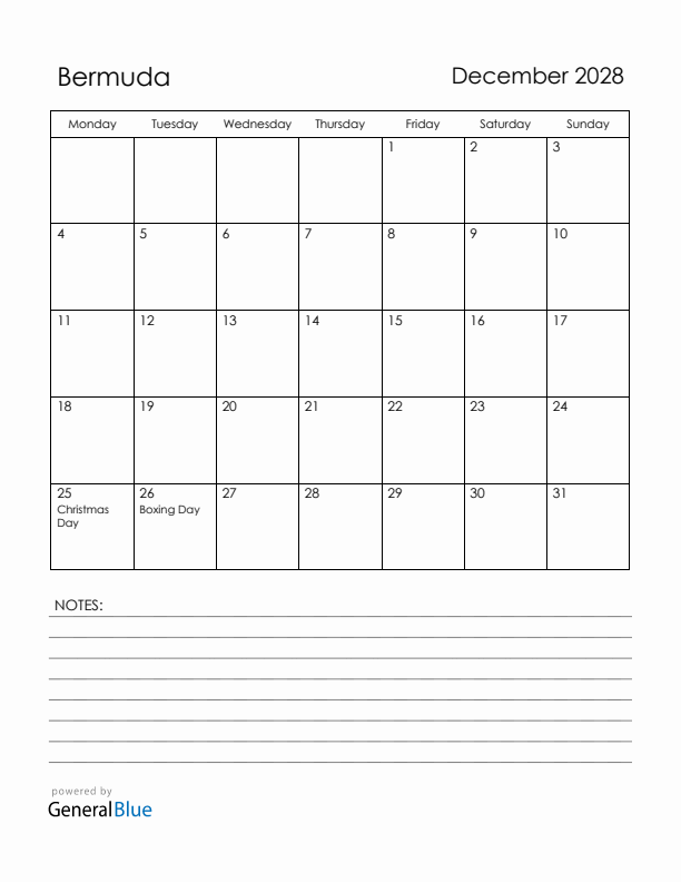 December 2028 Bermuda Calendar with Holidays (Monday Start)