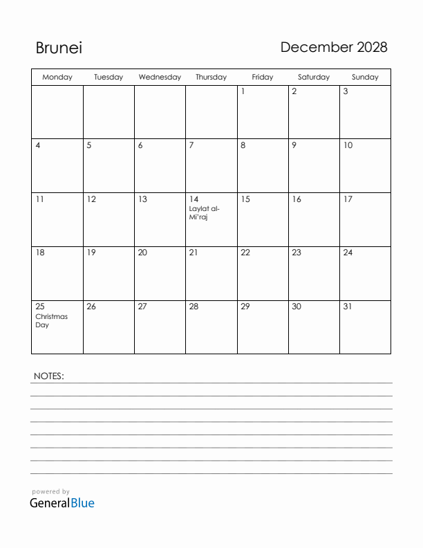 December 2028 Brunei Calendar with Holidays (Monday Start)