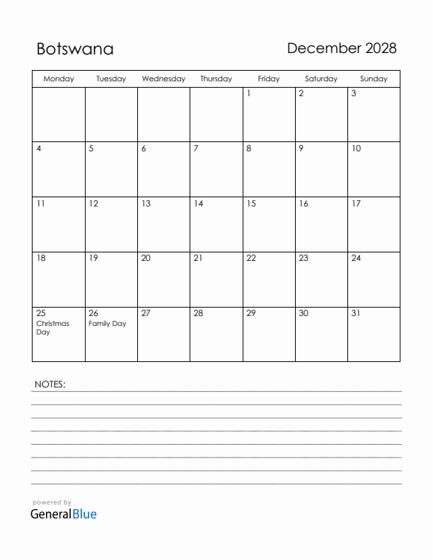 December 2028 Botswana Calendar with Holidays (Monday Start)