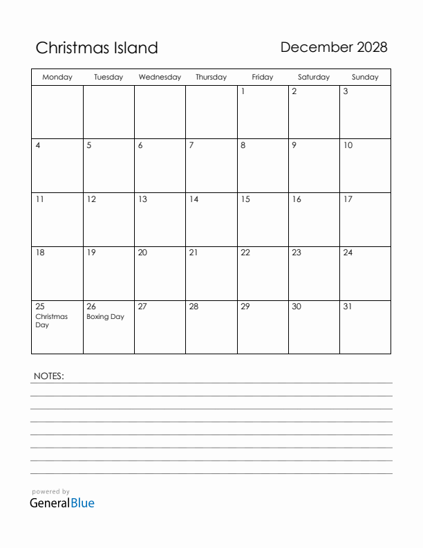 December 2028 Christmas Island Calendar with Holidays (Monday Start)