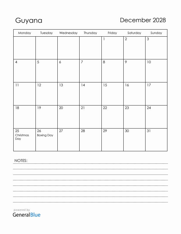 December 2028 Guyana Calendar with Holidays (Monday Start)