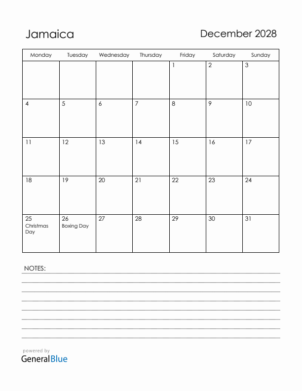 December 2028 Jamaica Calendar with Holidays (Monday Start)