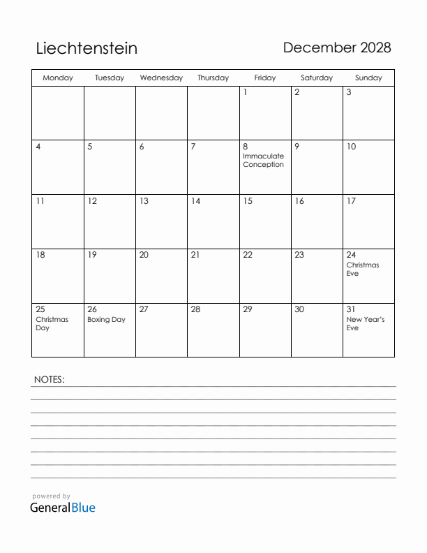 December 2028 Liechtenstein Calendar with Holidays (Monday Start)