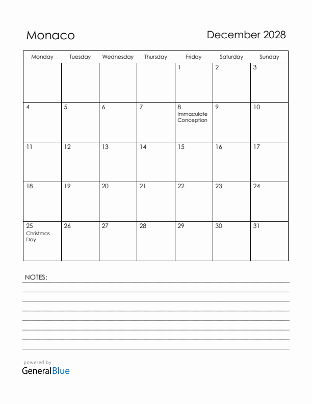 December 2028 Monaco Calendar with Holidays (Monday Start)