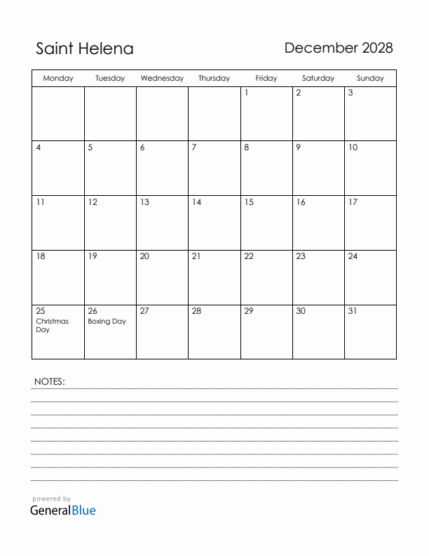 December 2028 Saint Helena Calendar with Holidays (Monday Start)