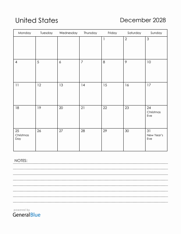 December 2028 United States Calendar with Holidays (Monday Start)