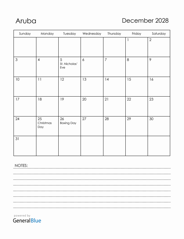 December 2028 Aruba Calendar with Holidays (Sunday Start)