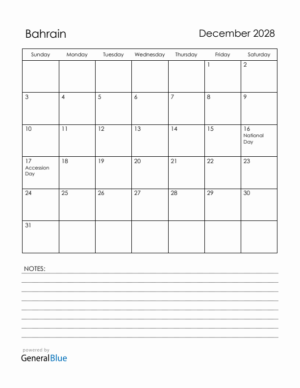 December 2028 Bahrain Calendar with Holidays (Sunday Start)