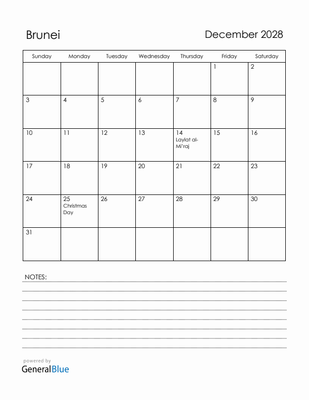 December 2028 Brunei Calendar with Holidays (Sunday Start)