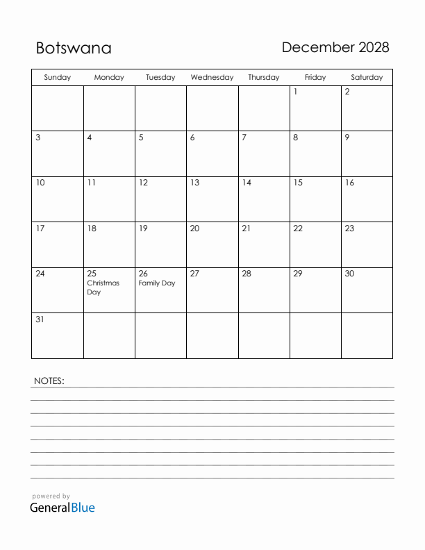 December 2028 Botswana Calendar with Holidays (Sunday Start)