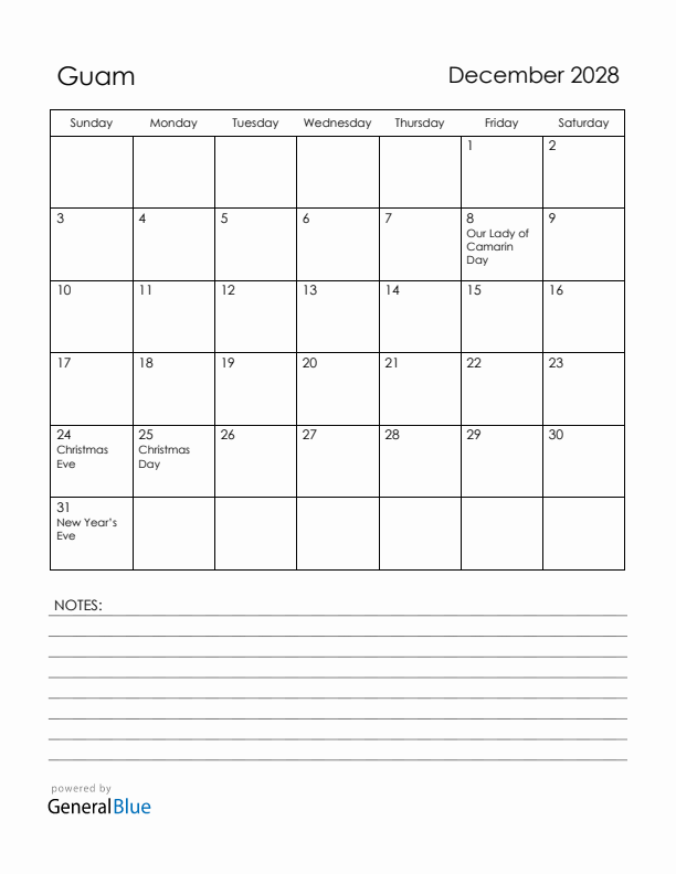 December 2028 Guam Calendar with Holidays (Sunday Start)