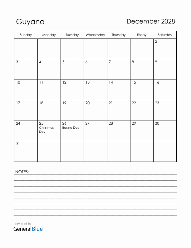 December 2028 Guyana Calendar with Holidays (Sunday Start)