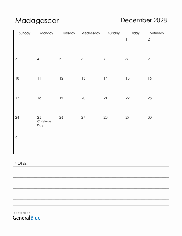 December 2028 Madagascar Calendar with Holidays (Sunday Start)