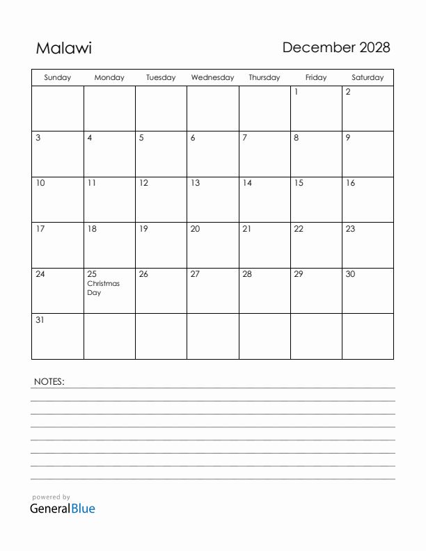 December 2028 Malawi Calendar with Holidays (Sunday Start)