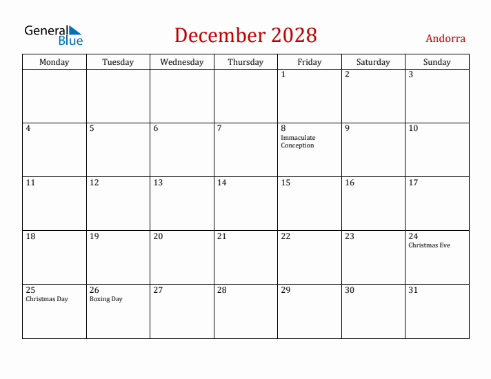 Andorra December 2028 Calendar - Monday Start