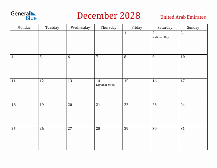 United Arab Emirates December 2028 Calendar - Monday Start