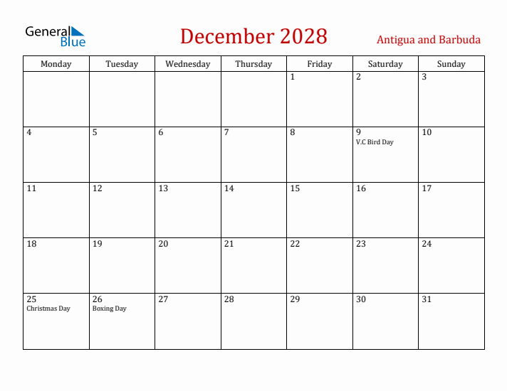 Antigua and Barbuda December 2028 Calendar - Monday Start