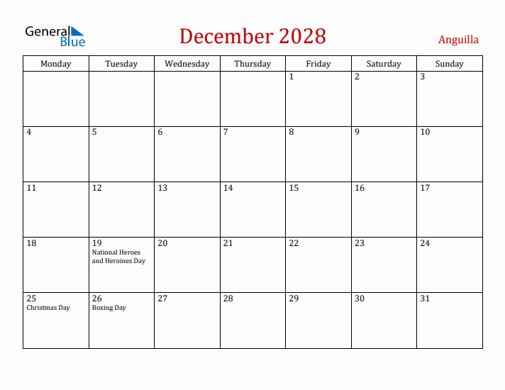 Anguilla December 2028 Calendar - Monday Start