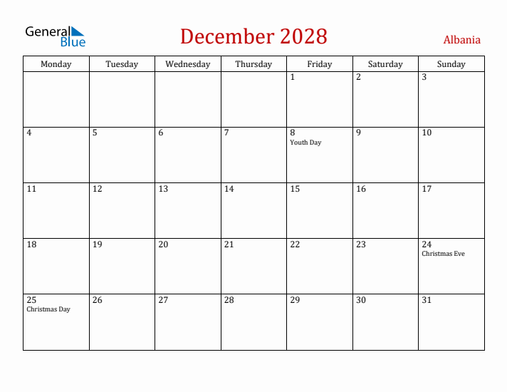 Albania December 2028 Calendar - Monday Start