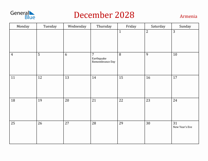 Armenia December 2028 Calendar - Monday Start