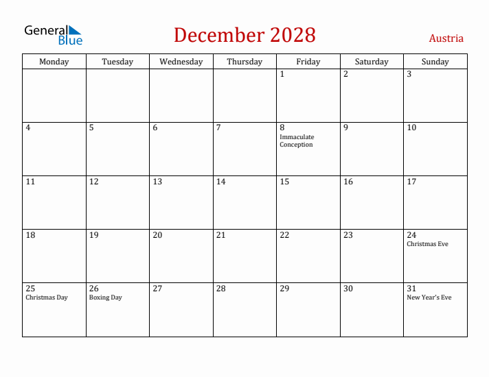 Austria December 2028 Calendar - Monday Start