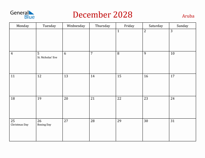 Aruba December 2028 Calendar - Monday Start