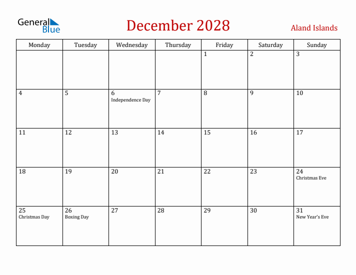 Aland Islands December 2028 Calendar - Monday Start