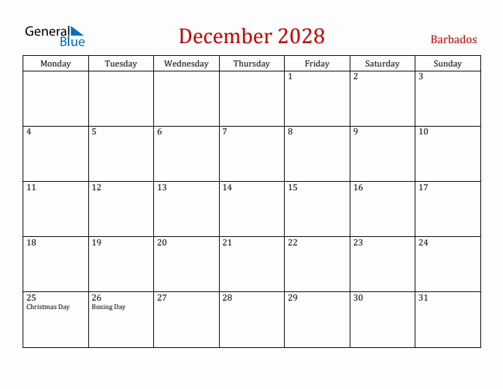 Barbados December 2028 Calendar - Monday Start