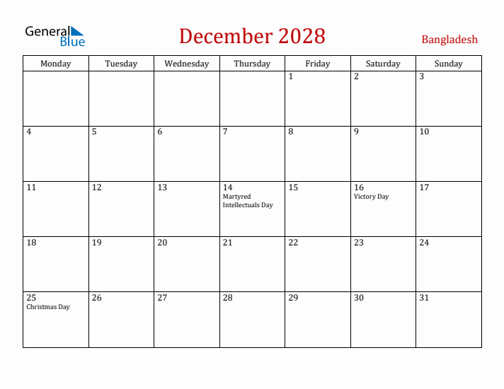 Bangladesh December 2028 Calendar - Monday Start