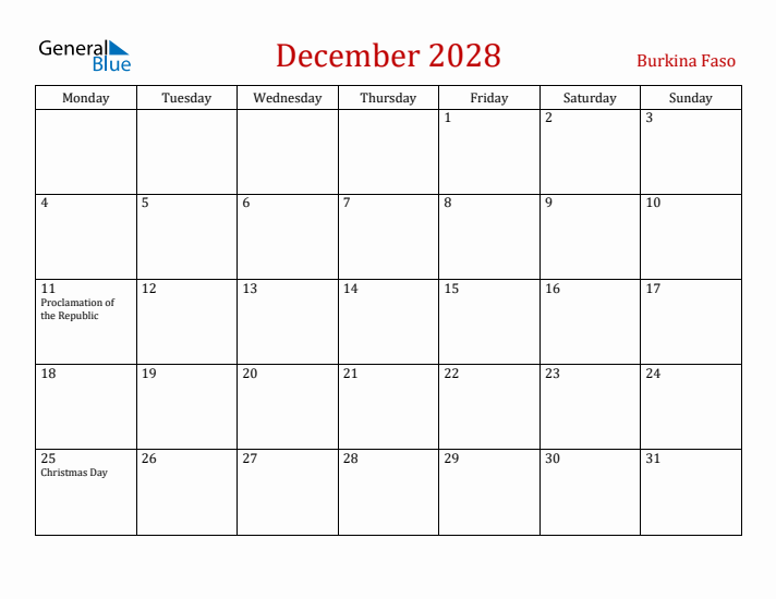 Burkina Faso December 2028 Calendar - Monday Start